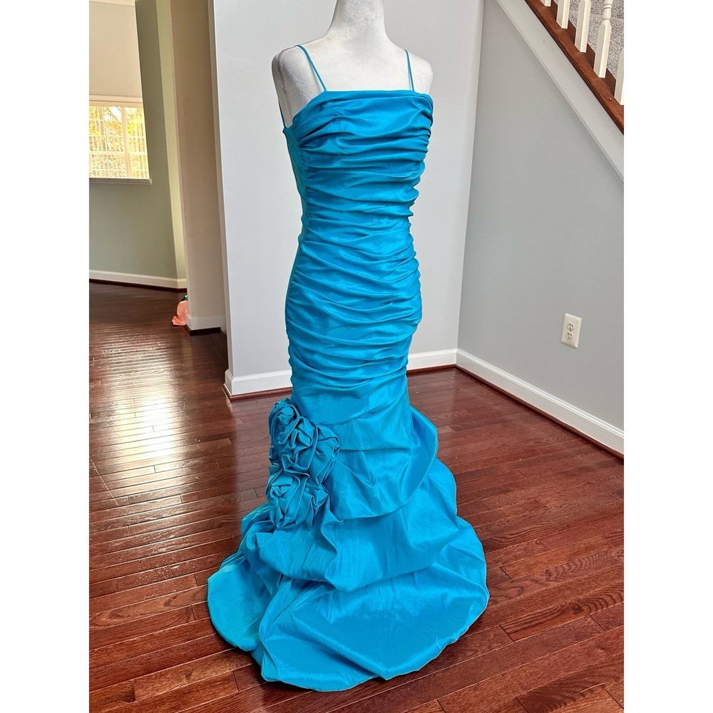 Vintage Let's Fashion Blue Layered Rouched Mermaid Gown Formal Dress Size XS - Picture 3 of 11